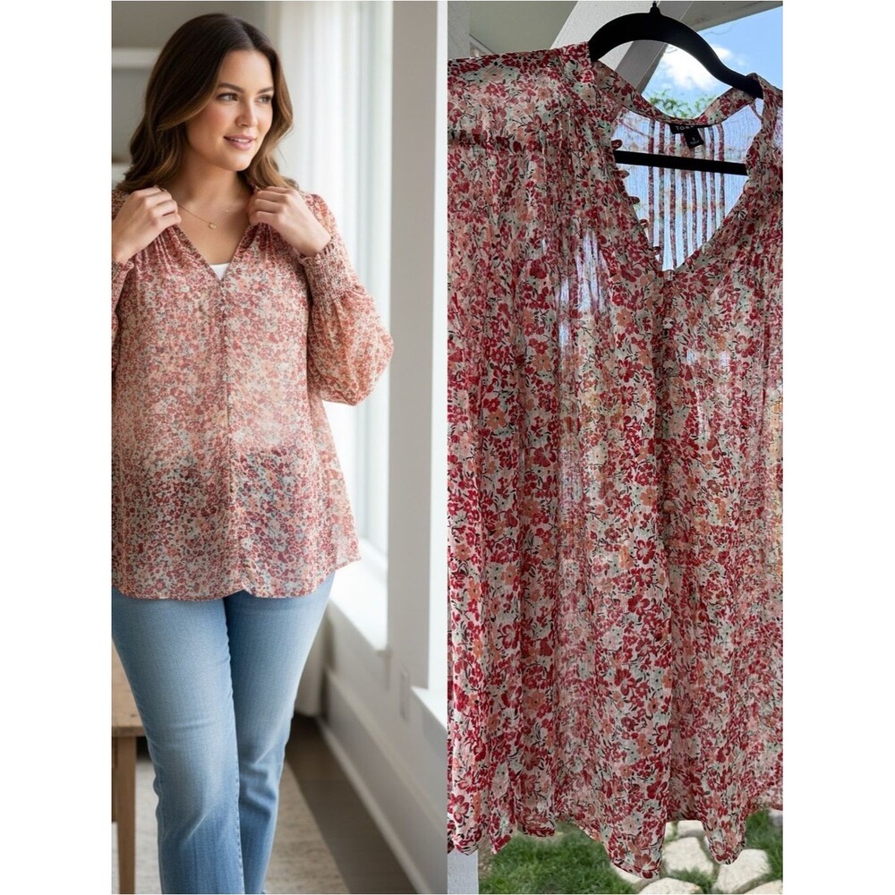 Torrid Floral Peasant Blouse Size 1 Red Pink Boho Semi Sheer Long Sleeve Top